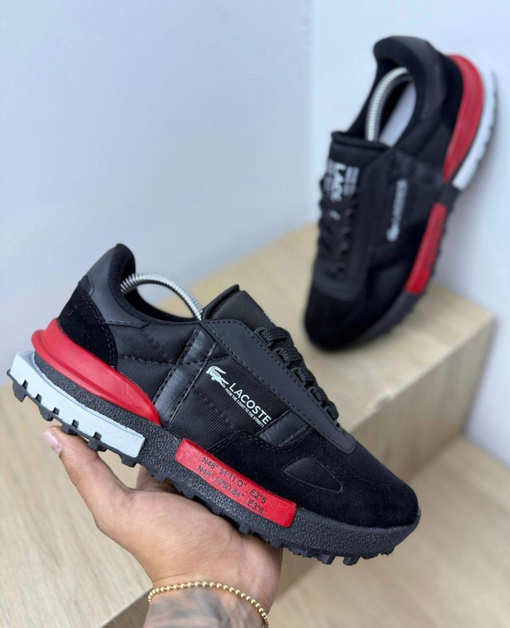Tenis Lacoste Caballero Amc Negro Rojo